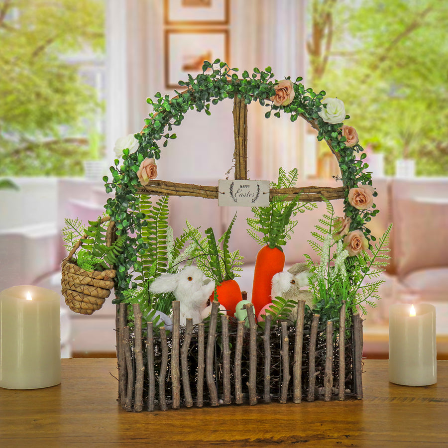 19 in. Easter Window Garden Pane Decoration Decorated with Bunnies, Carrots, Flower Blooms