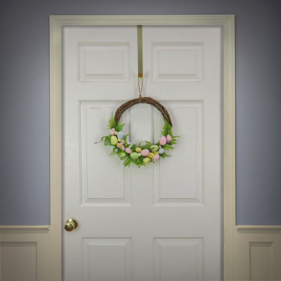 16 in. Easter Wreath Decorated with Pastel Eggs, Fern Fronds, Flower Blooms