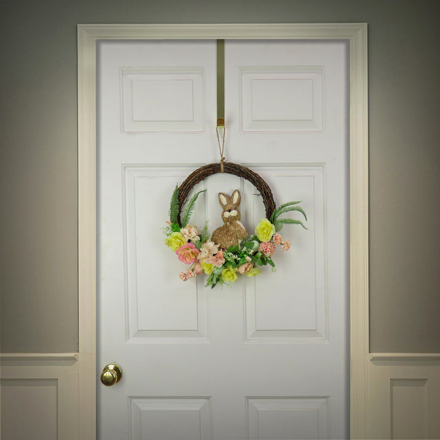 16 in. Easter Wreath Decorated with Pastel Flower Blooms, Bunny, Leafy Greens