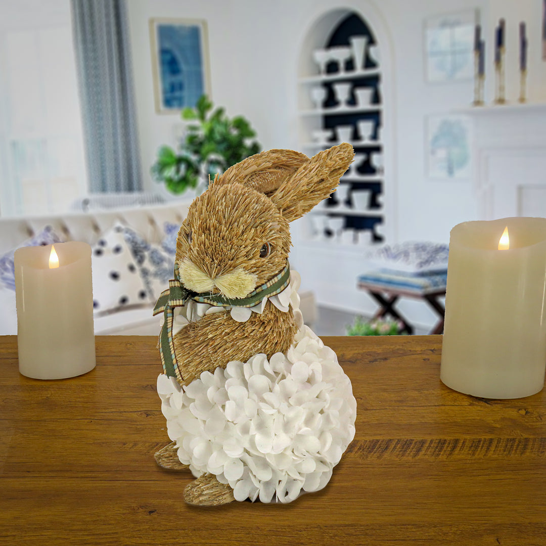 Artificial Bunny Table Decoration, Wood Cut, Decorated with White Flower Blooms, Easter Collection, 10 Inches