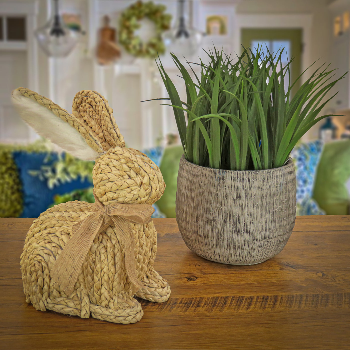 Braided Bunny Table Decoration, Made from Woven Cornhusk, Decorated with Woven Ribbon, Easter Collection, 9 Inches - National Tree Company