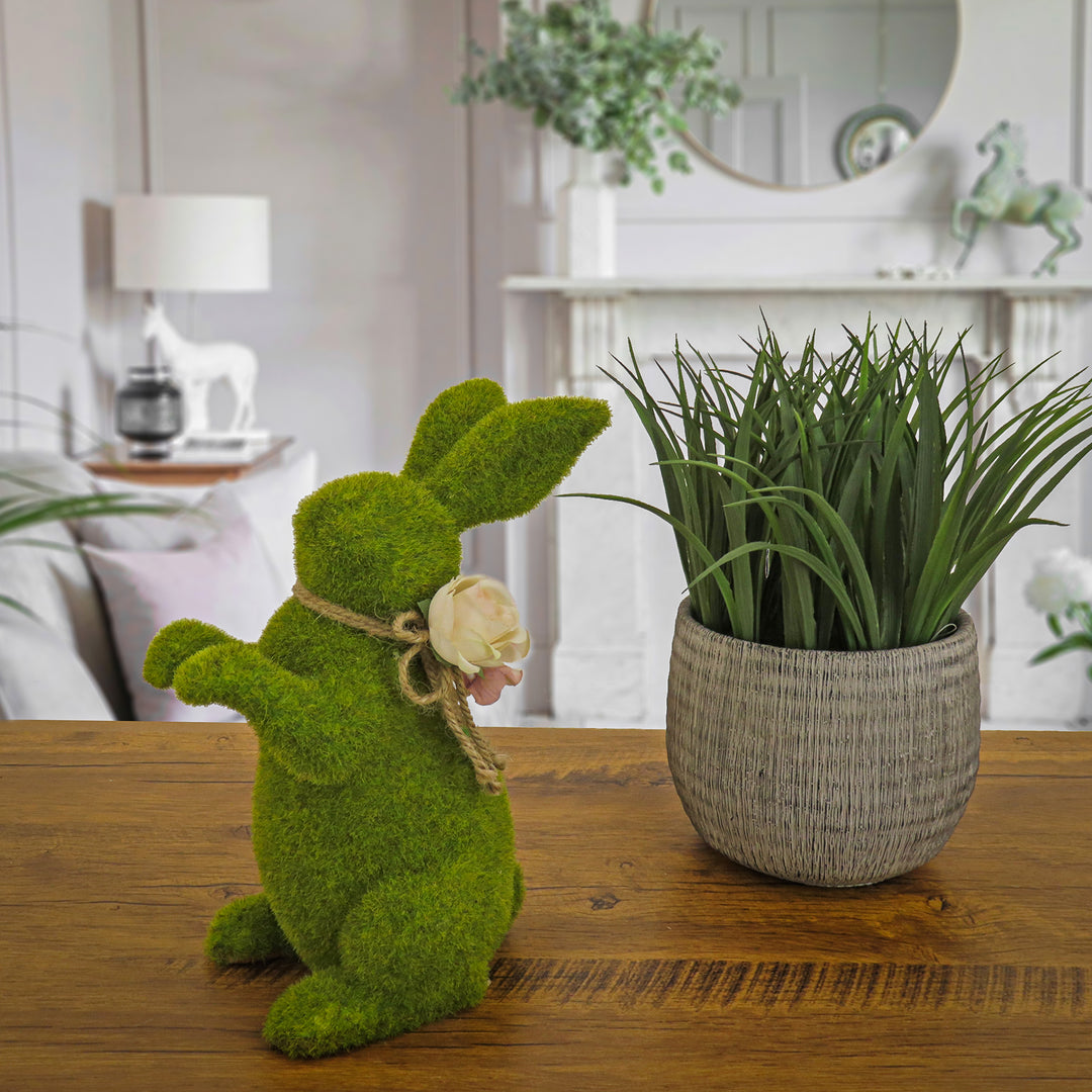 Artificial Moss Bunny Decoration, Foam Base, Decorated with Flower Blooms, Easter Collection, 14 Inches