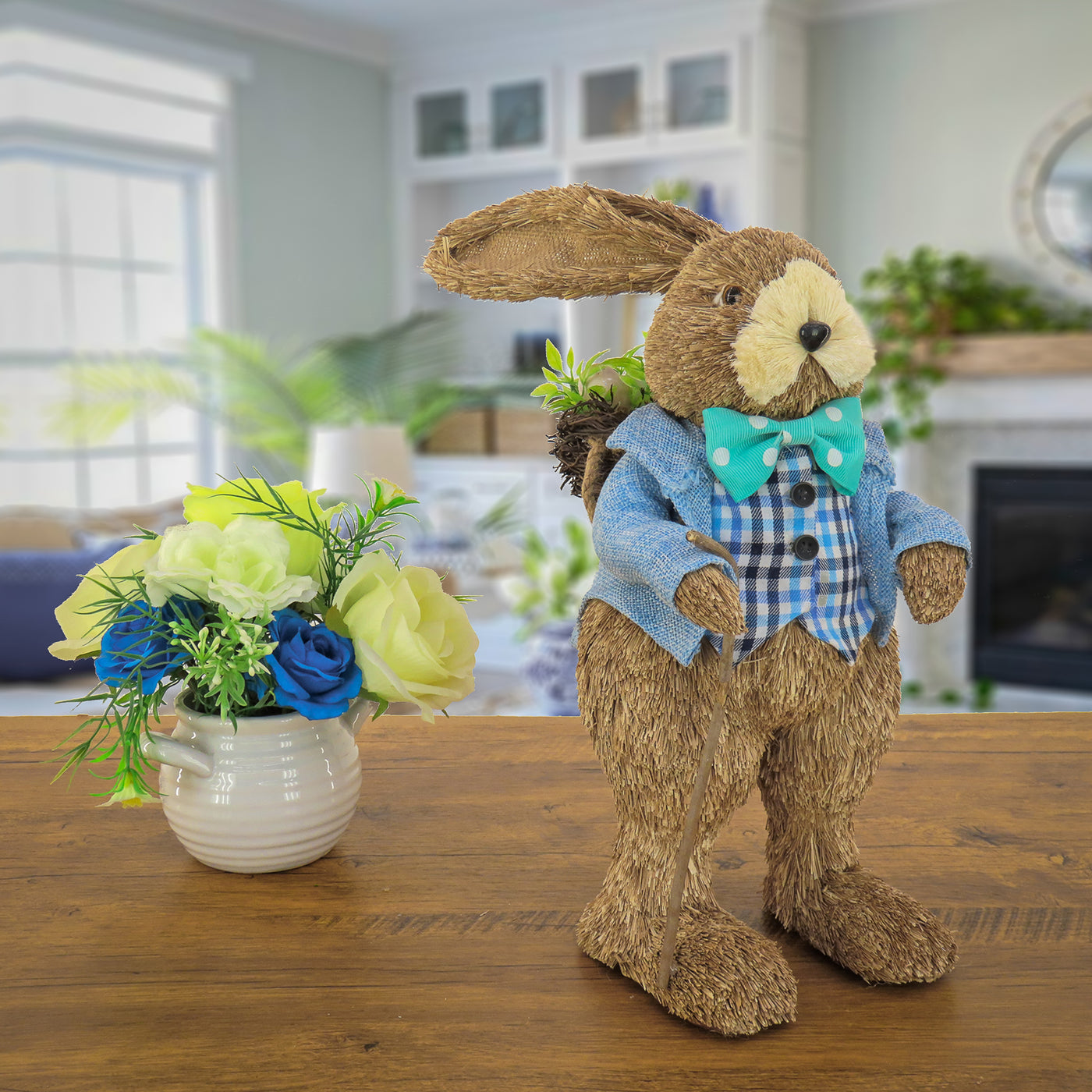 Male Bunny in Blue Coat Table Decoration, Easter Collection, 10 Inches - National Tree Company