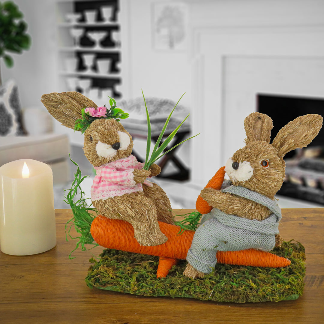 Two Bunnies Table Decoration, Two Bunnies Resting on Carrot, Artificial Grassy Base, Easter Collection, 14 Inches
