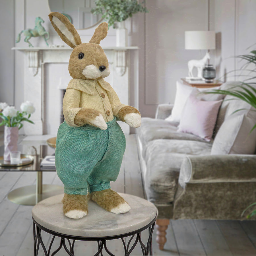 Standing Bunny Table Decoration, Soft Straw with Foam Base, White Shirt and Teal Pants, Easter Collection, 24 Inches