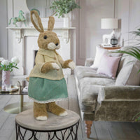 Standing Bunny Table Decoration, Soft Straw with Foam Base, Buttoned White Blouse and Teal Skirt, Easter Collection, 24 Inches - National Tree Company