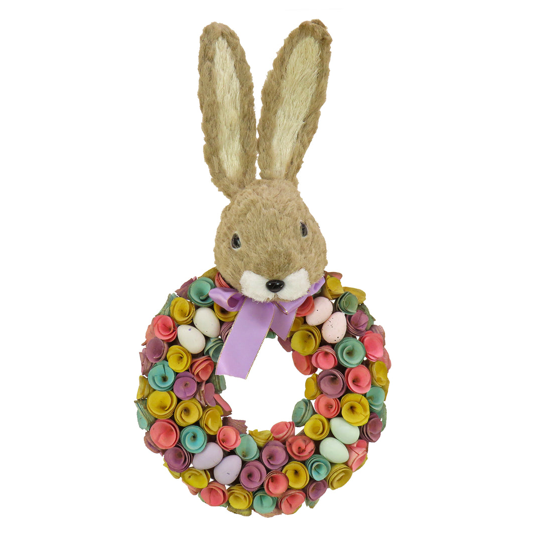 Artificial Hanging Wreath, Foam Base, Decorated with Colorful Flower Blooms, Pastel Eggs, Ribbon, Bunny Head, Easter Collection, 24 Inches