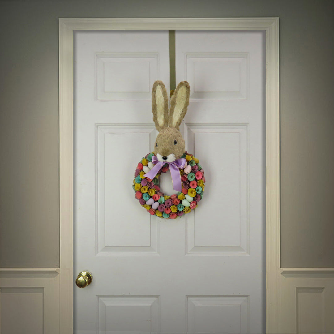 Artificial Hanging Wreath, Foam Base, Decorated with Colorful Flower Blooms, Pastel Eggs, Ribbon, Bunny Head, Easter Collection, 24 Inches