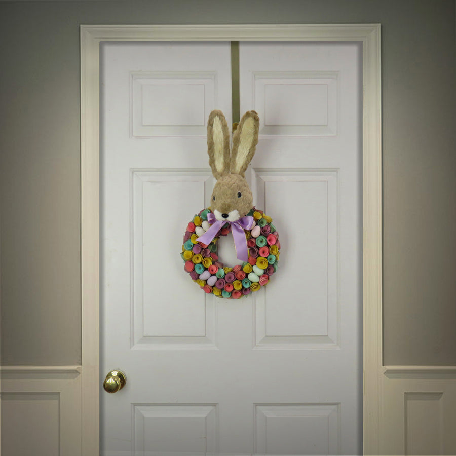 24 in. Easter Wreath Decorated with Colorful Flower Blooms, Pastel Eggs, Bunny Head