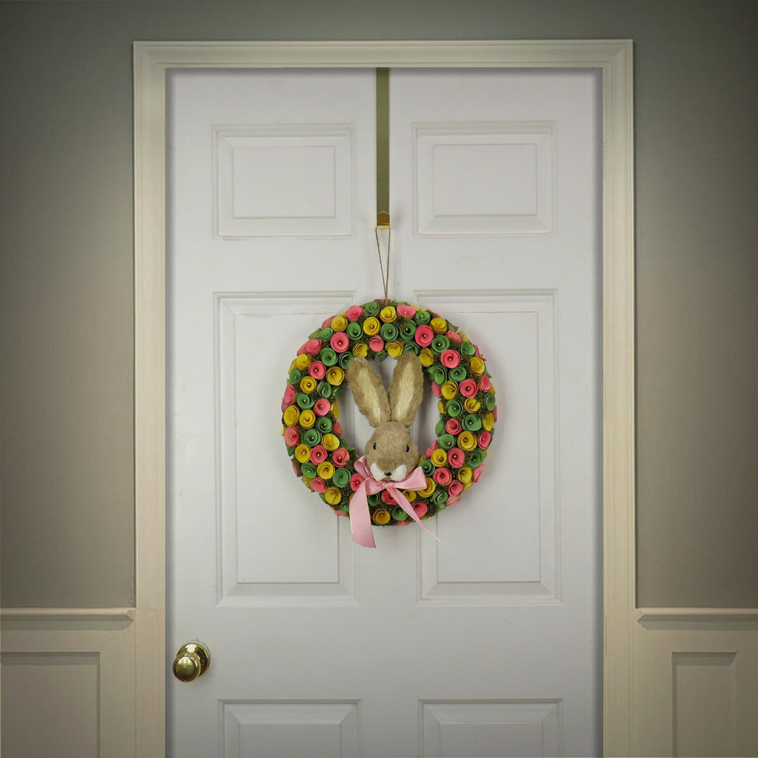 Artificial Hanging Wreath, Foam Base, Decorated with Colorful Flower Blooms, Ribbon, Bunny Head, Easter Collection, 16 Inches
