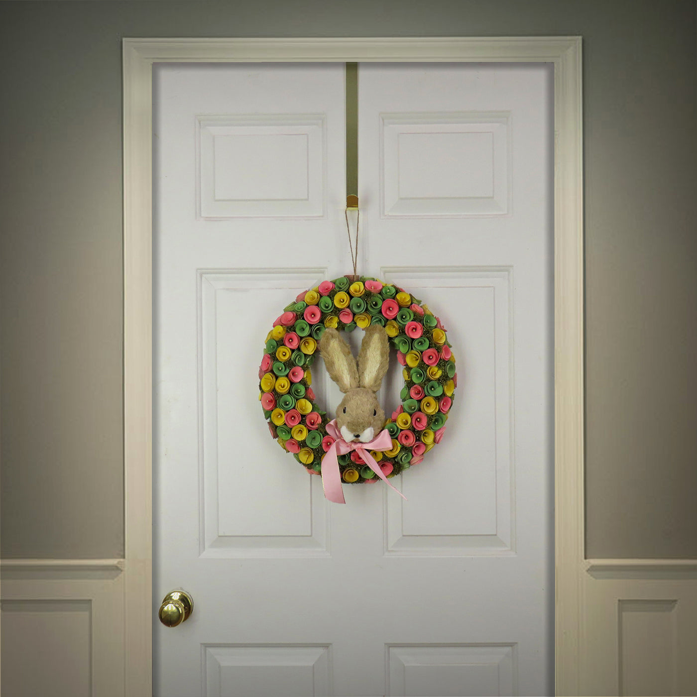 Artificial Hanging Wreath, Foam Base, Decorated with Colorful Flower Blooms, Ribbon, Bunny Head, Easter Collection, 16 Inches - National Tree Company