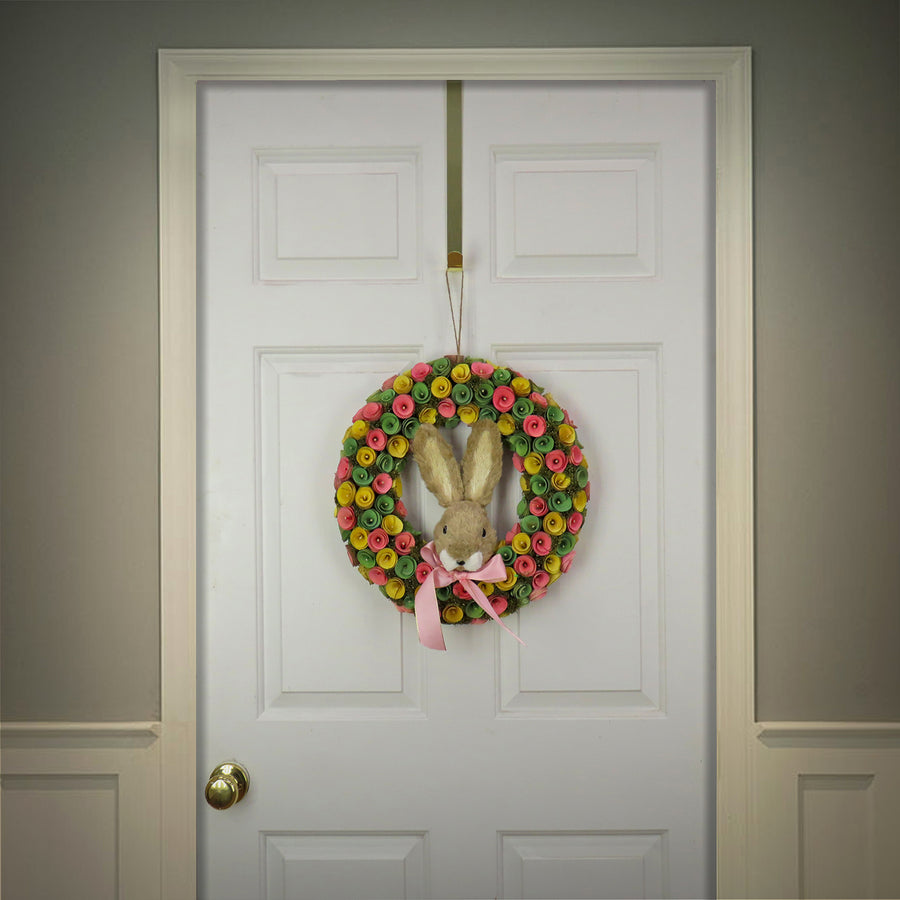 16 in. Easter Wreath Decorated with Colorful Flower Blooms, Bunny Head