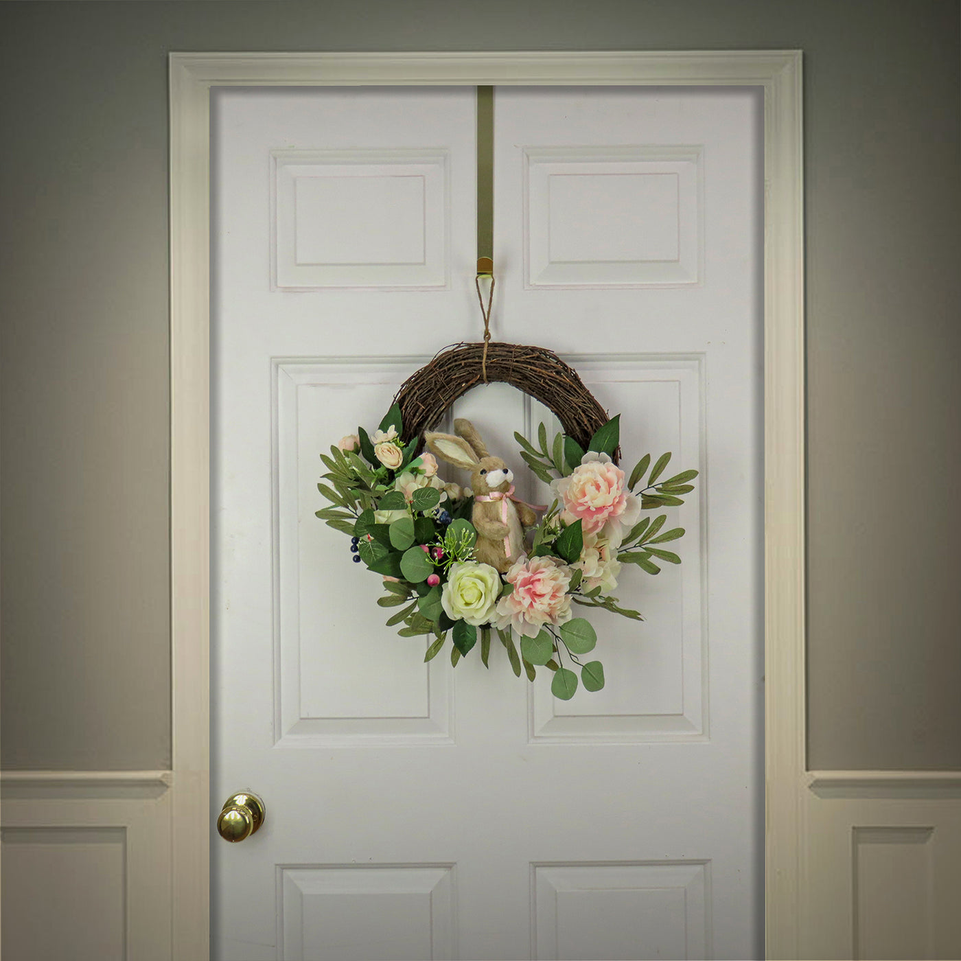 Artificial Hanging Wreath, Woven Branch Base, Decorated with Pastel Flower Blooms, Bunny, Leafy Greens, Easter Collection, 18 Inches - National Tree Company