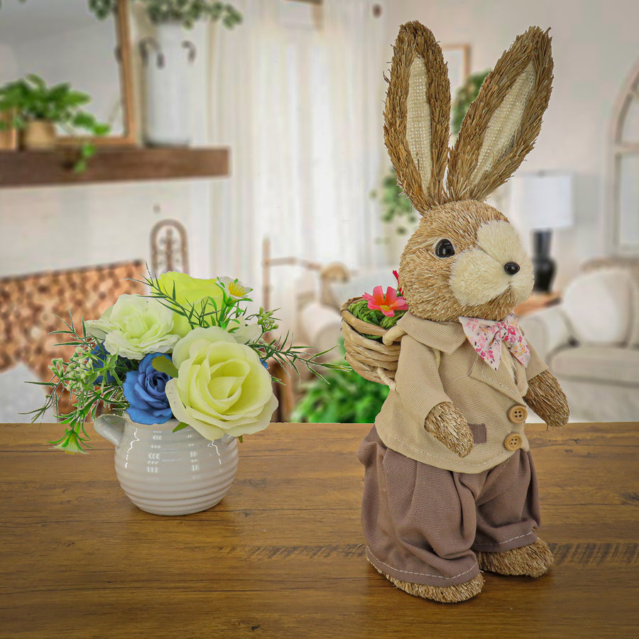 14 in. Dapper Dressed Male Bunny with Floral Bowtie Table Decoration