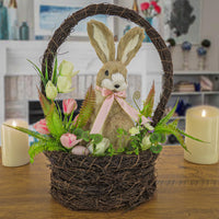 Woven Basket with Bunny Table Decoration, Woven Branch Base, Decorated with Fern Fronds, Tulips, Easter Collection, 17 Inches - National Tree Company