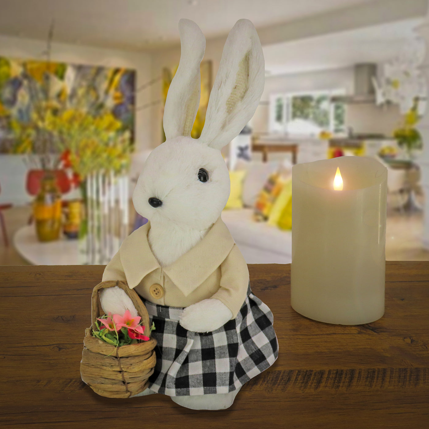 Fluffy Female Bunny Table Decoration, Soft Straw Fibers with Foam Base, Dressed in Buttoned Shirt, Skirt, Basket, Easter Collection, 12 Inches - National Tree Company