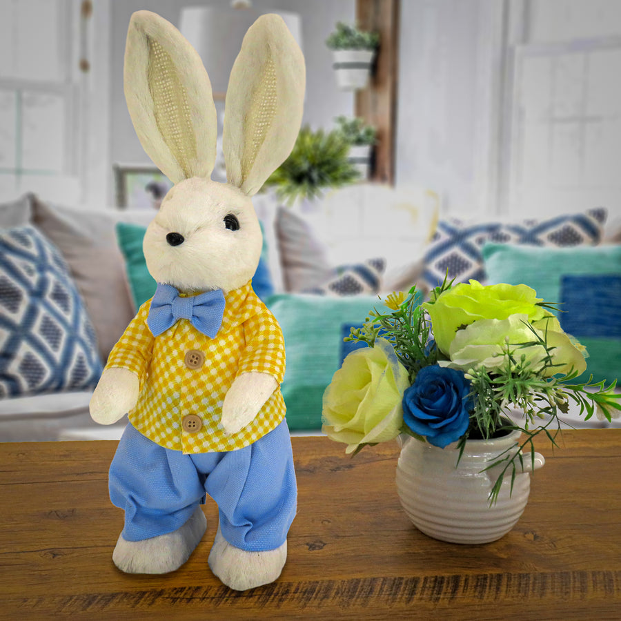 14 in. Fluffy Male Easter Bunny with Yellow & Blue Suit Table Decoration