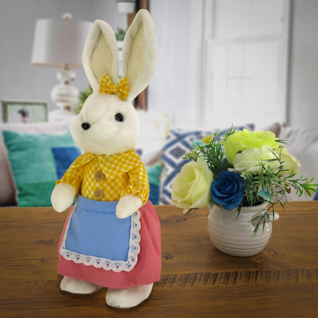 Fluffy Female Bunny Table Decoration, Soft Straw Fibers with Foam Base, Dressed in Buttoned Shirt, Apron Skirt, Basket, Easter Collection, 14 Inches