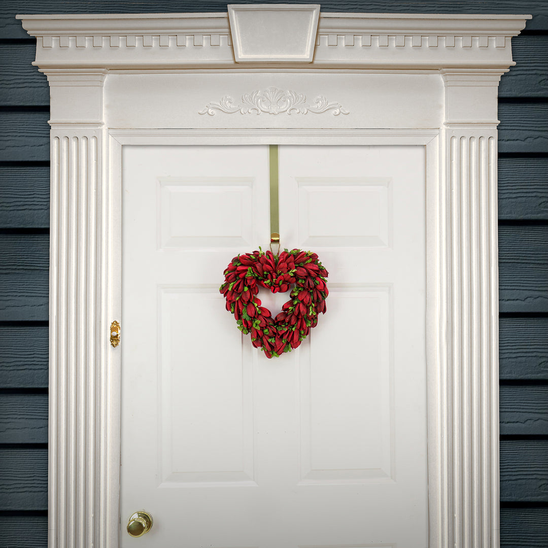 Artificial Valentine's Floral Heart Wreath, Decorated with Red Leaves, Valentine's Day Collection, 12 Inches
