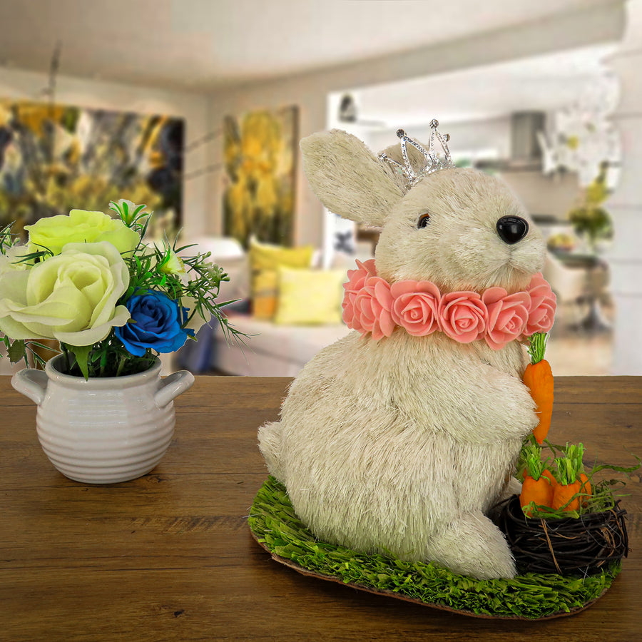 12 in. White Easter Bunny with Crown Holding Carrot Table Decoration