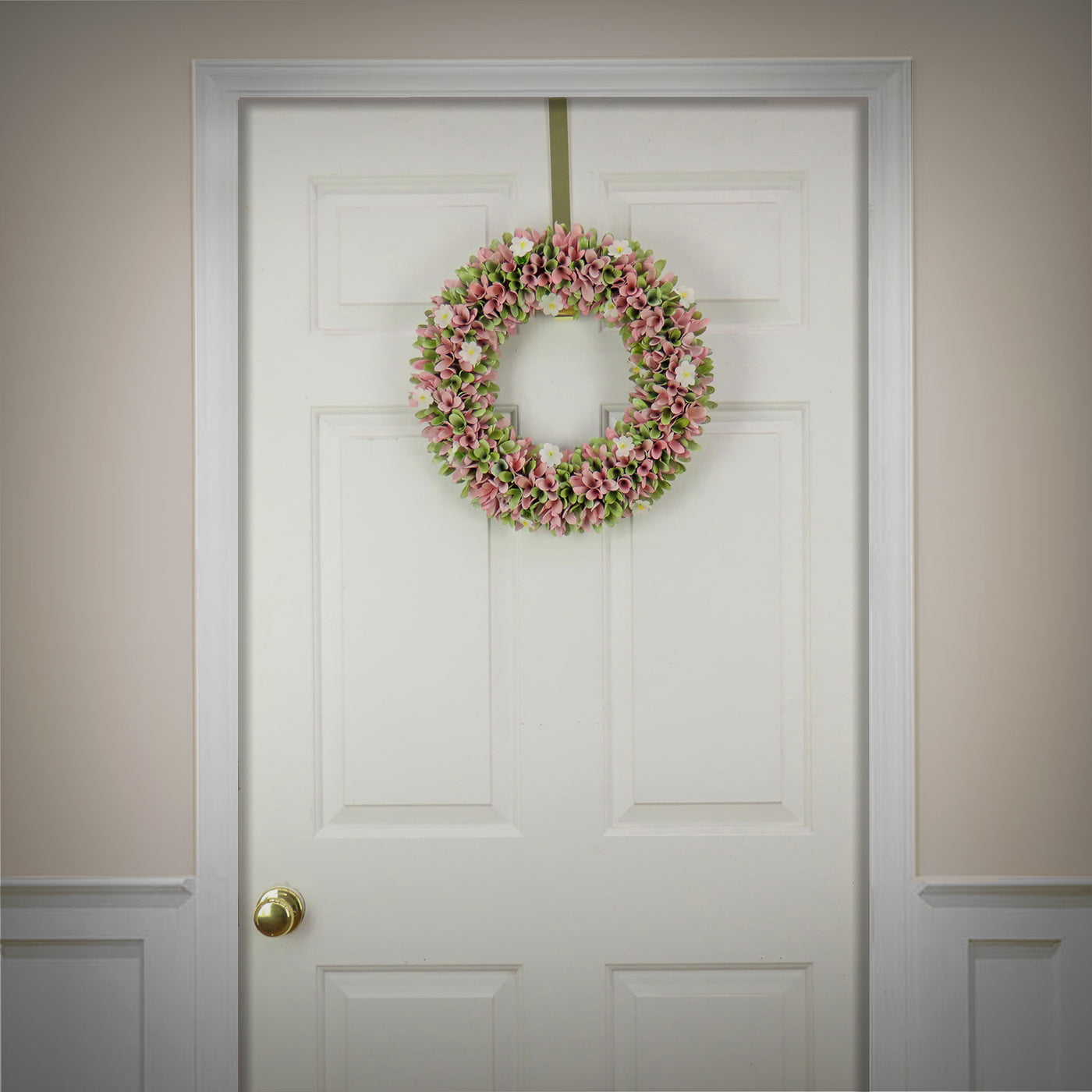 18 in. Spring Wreath with Pink and Green Assorted Wood Cut Flowers, Flowing Green Leaves - National Tree Company