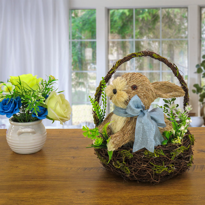 Woven Basket with Bunny Table Decoration, Woven Branch Base, Decorated with Fern Fronds, Tulips, Easter Collection, 10 Inches