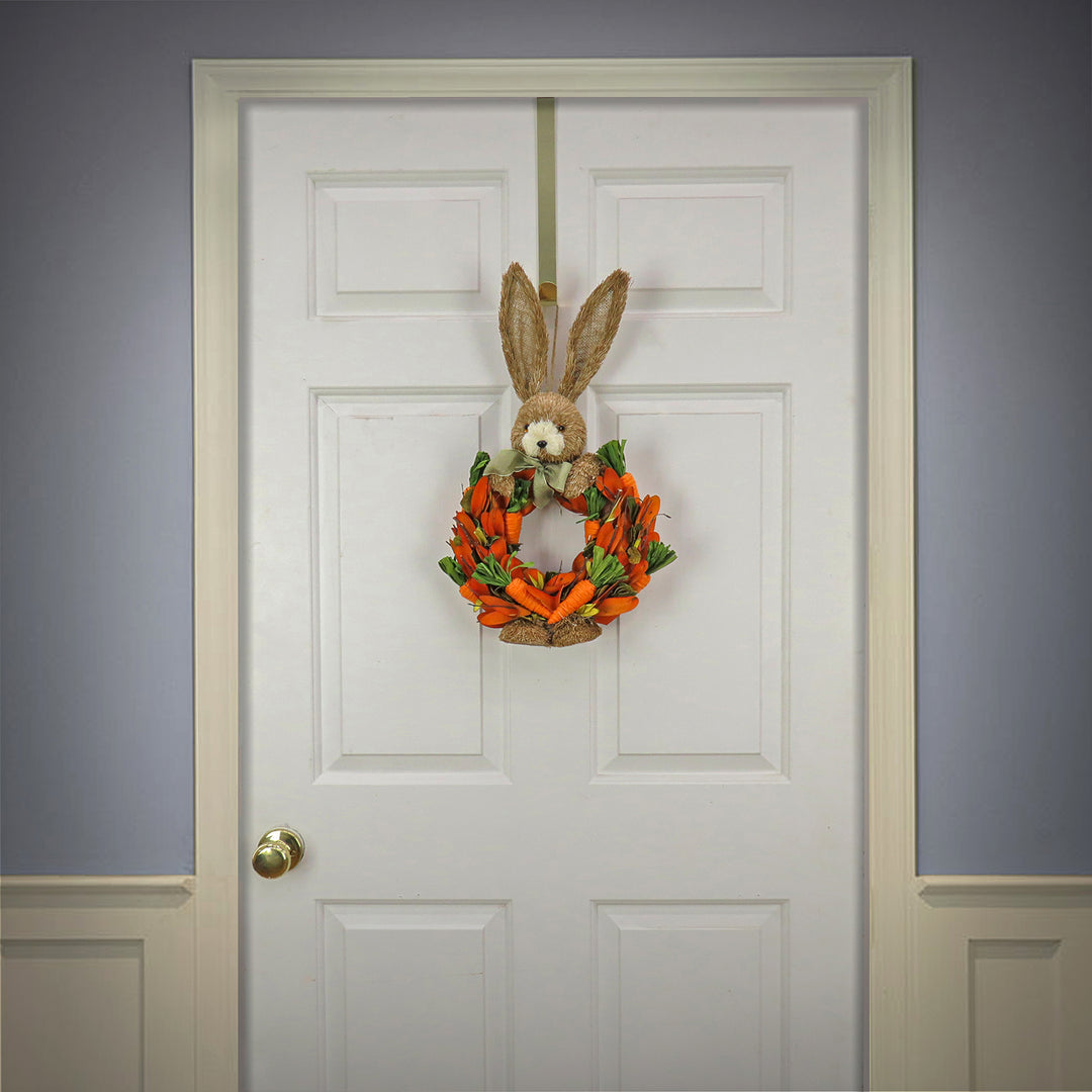Artificial Hanging Wreath, Foam Base, Decorated with Carrots, Orange Petals, Bunny Head and Feet, Includes Hanging Loop, Easter Collection, 20 Inches