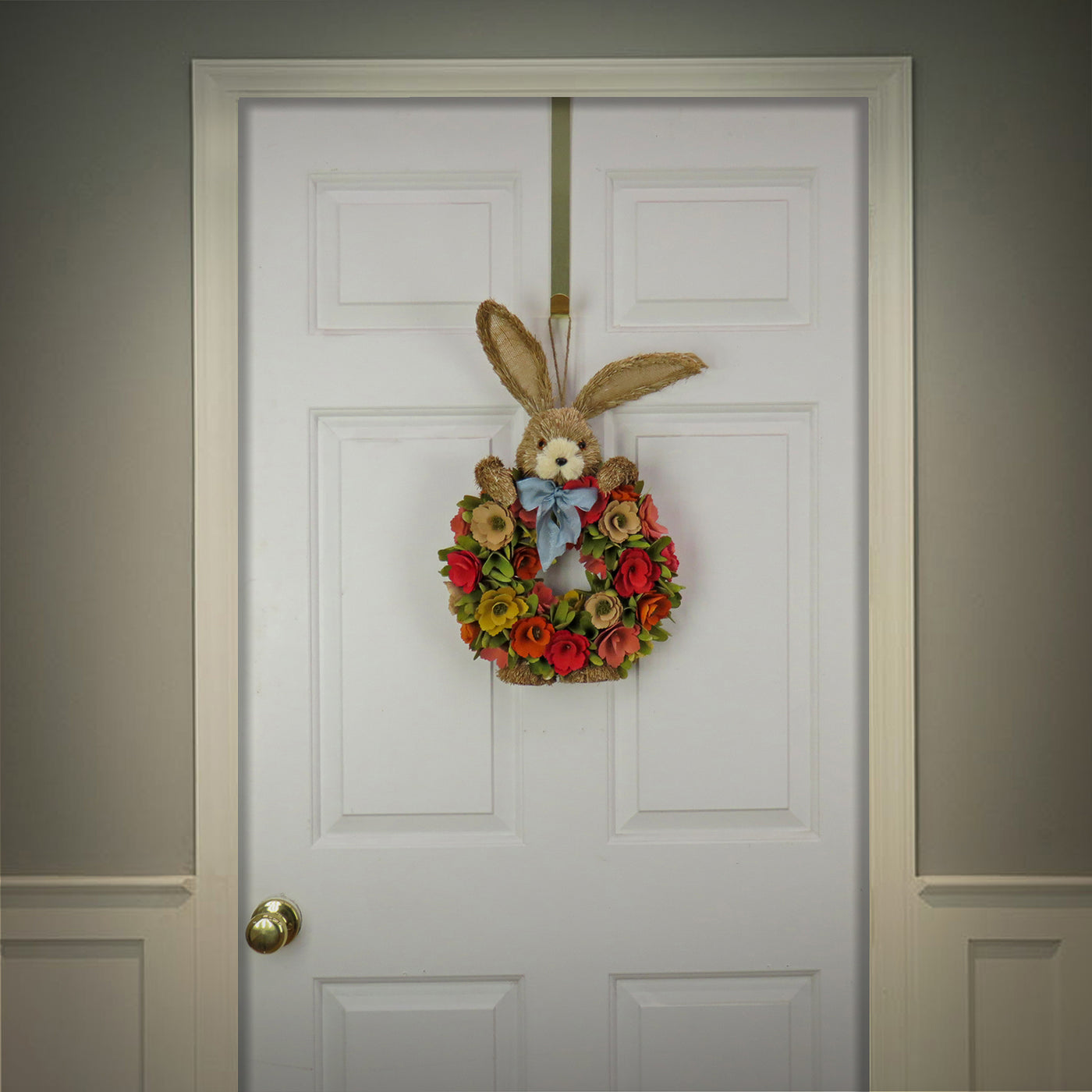 Artificial Hanging Wreath, Foam Base, Decorated with Red, Orange and Green Flower Blooms, Bunny Head and Feet, Includes Hanging Loop, Easter Collection, 20 Inches - National Tree Company