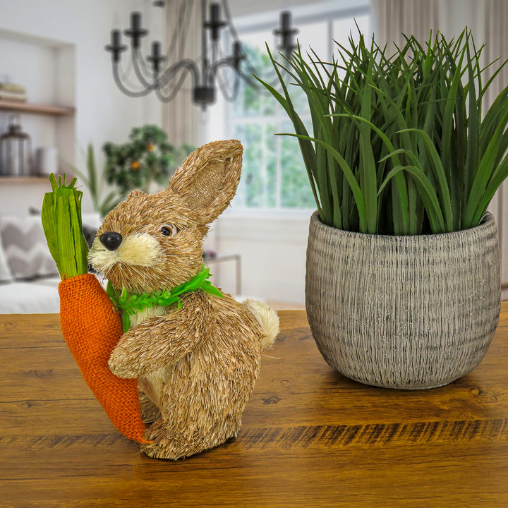 Bunny with Carrot Table Decoration, Natural Wood Fibers on Foam Base, Decorated with Checkered Green Bow, Easter Collection, 12 Inches