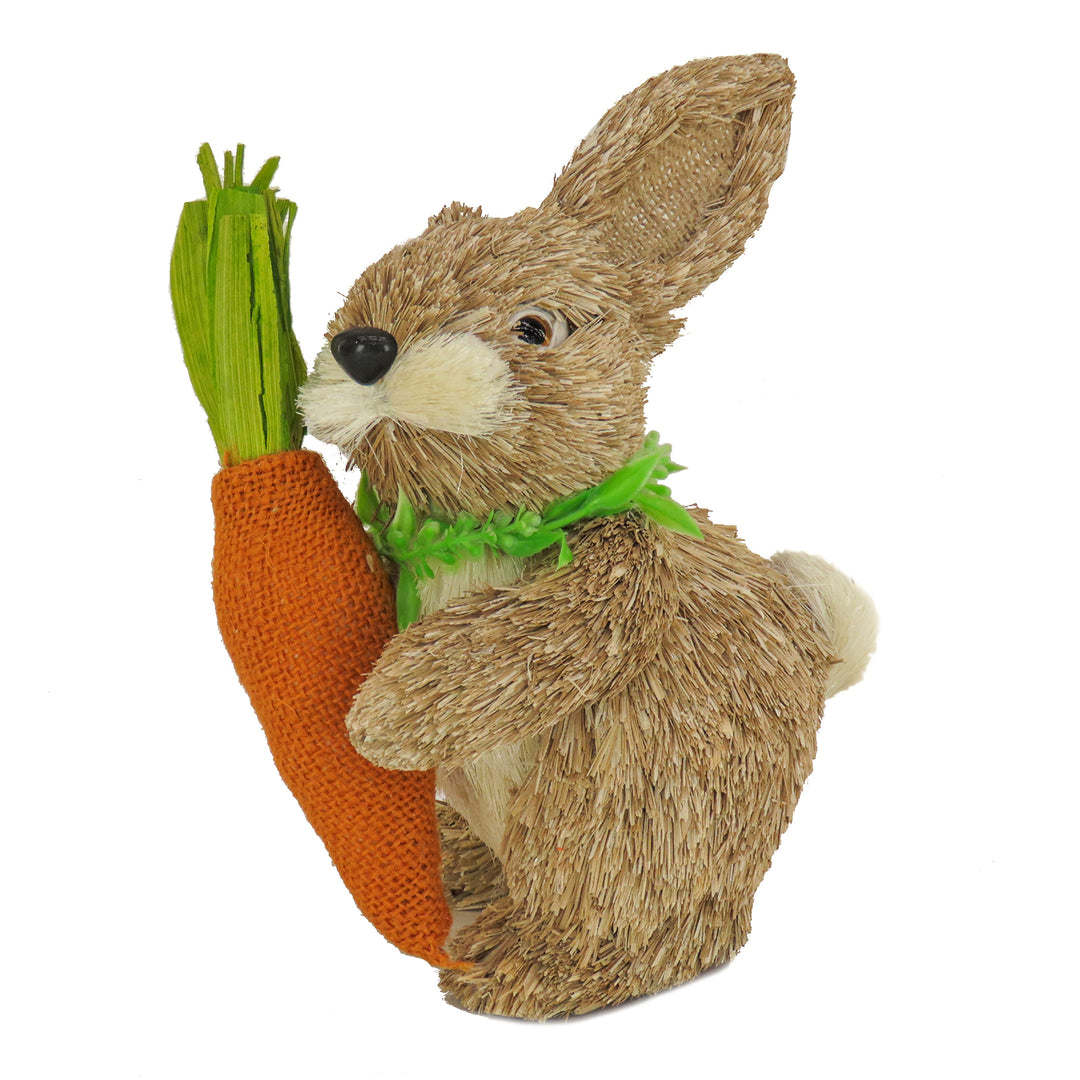 Bunny with Carrot Table Decoration, Natural Wood Fibers on Foam Base, Decorated with Checkered Green Bow, Easter Collection, 12 Inches