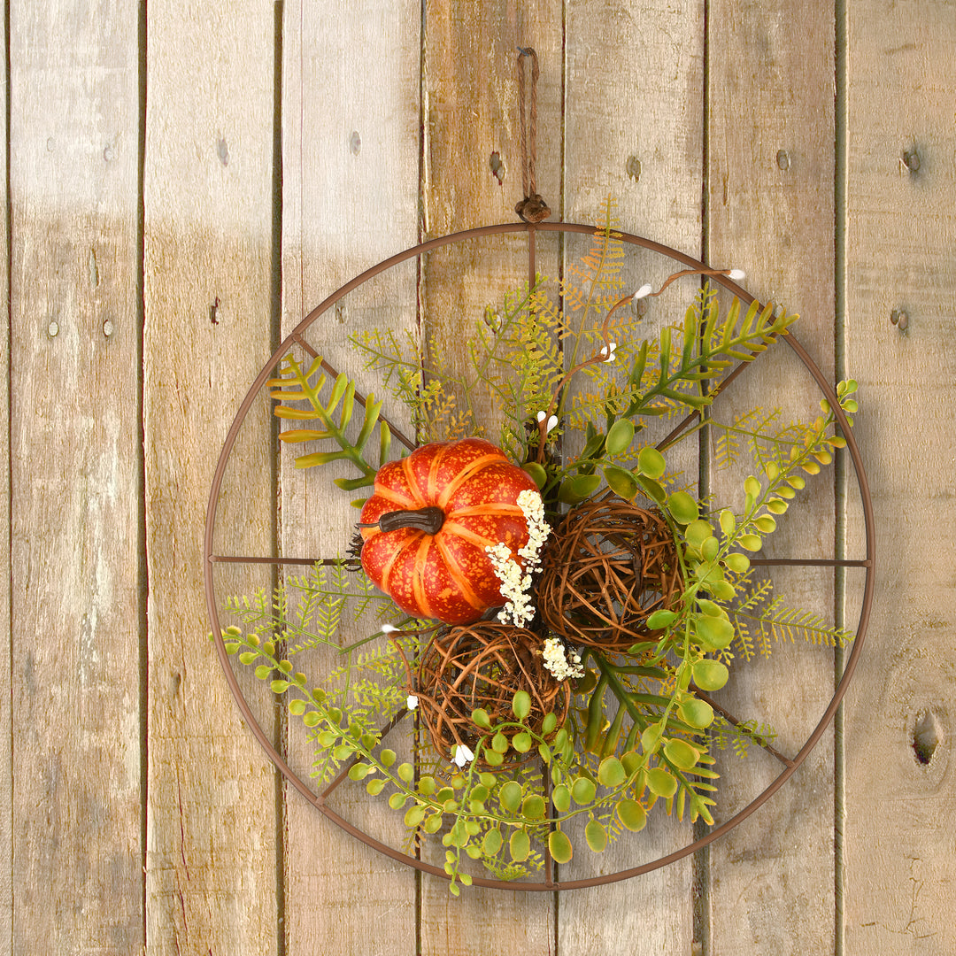 National Tree Company Harvest Flower Circle Hanging Decoration, Decorated With Fern Fronds, Leaves, Pumpkins, Twig Cones, Autumn Collection, 13 Inches