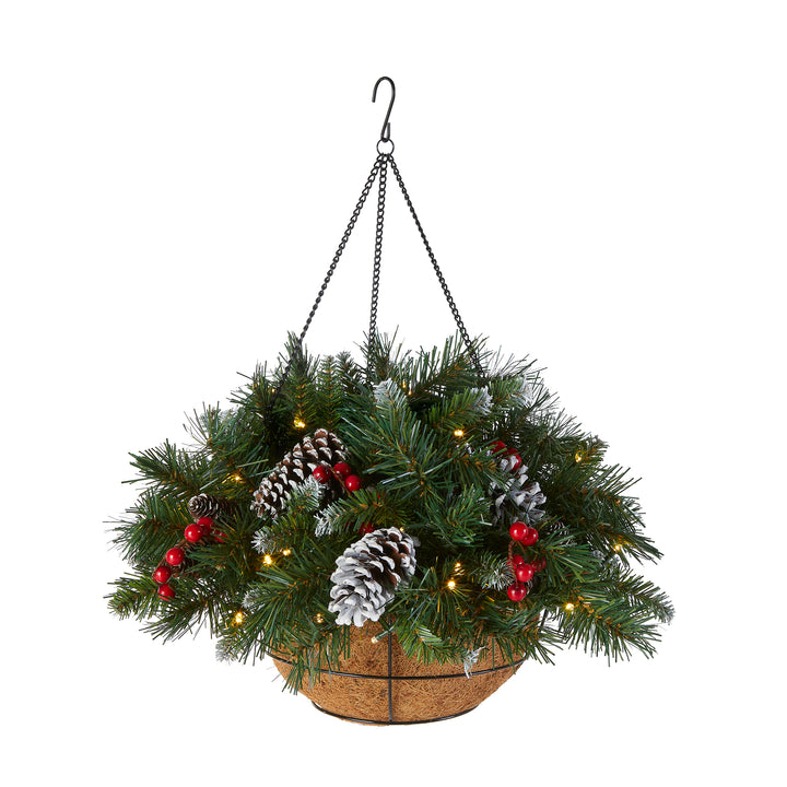 Pre-Lit Artificial Christmas Hanging Basket, Frosted Berry, Decorated With Frosted Pine Cones, Berry Clusters, White LED Lights, Christmas Collection, 20 Inches