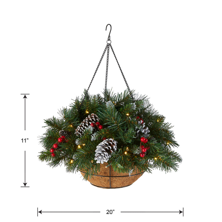 Pre-Lit Artificial Christmas Hanging Basket, Frosted Berry, Decorated With Frosted Pine Cones, Berry Clusters, White LED Lights, Christmas Collection, 20 Inches