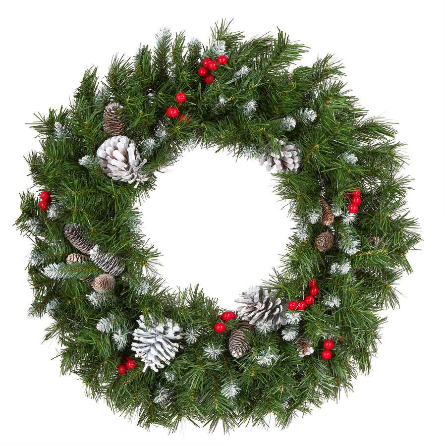 24 in. Frosted Berry Wreath with Pine Cones and Red Berries - National Tree Company