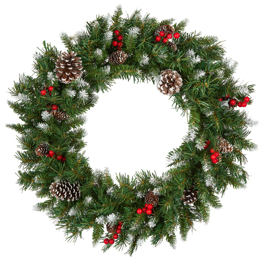 24 in. Pre-Lit Frosted Berry Wreath with Clear Lights, Plug-In - National Tree Company