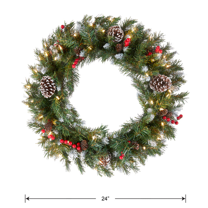 Pre-Lit Artificial Christmas Wreath, Green, Frosted Berry, White Lights, Decorated with Pine Cones, Berry Clusters, Frosted Branches, Christmas Collection, 24 Inches