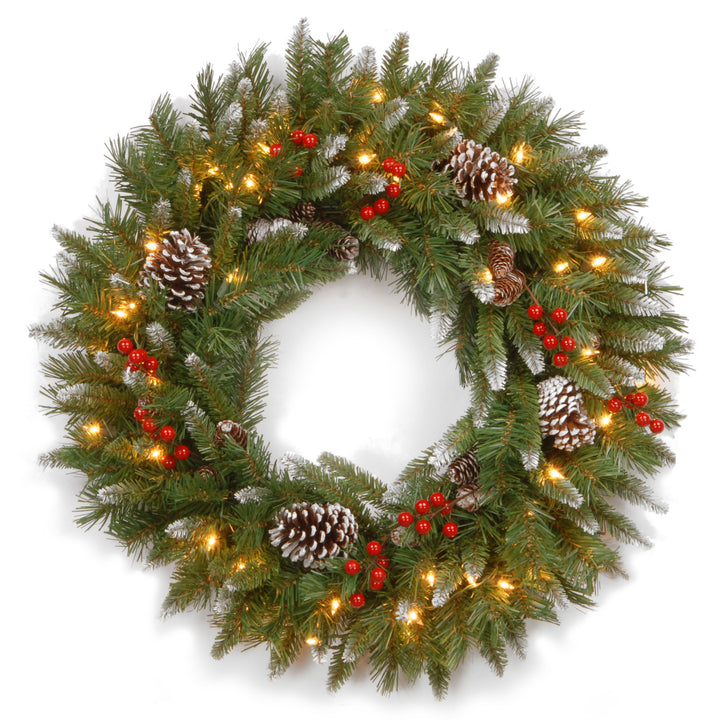 National Tree Company Pre-Lit Artificial Christmas Wreath, Green, Frosted Berry, White Lights, Decorated with Pine Cones, Berry Clusters, Frosted Branches, Christmas Collection, 30 Inches