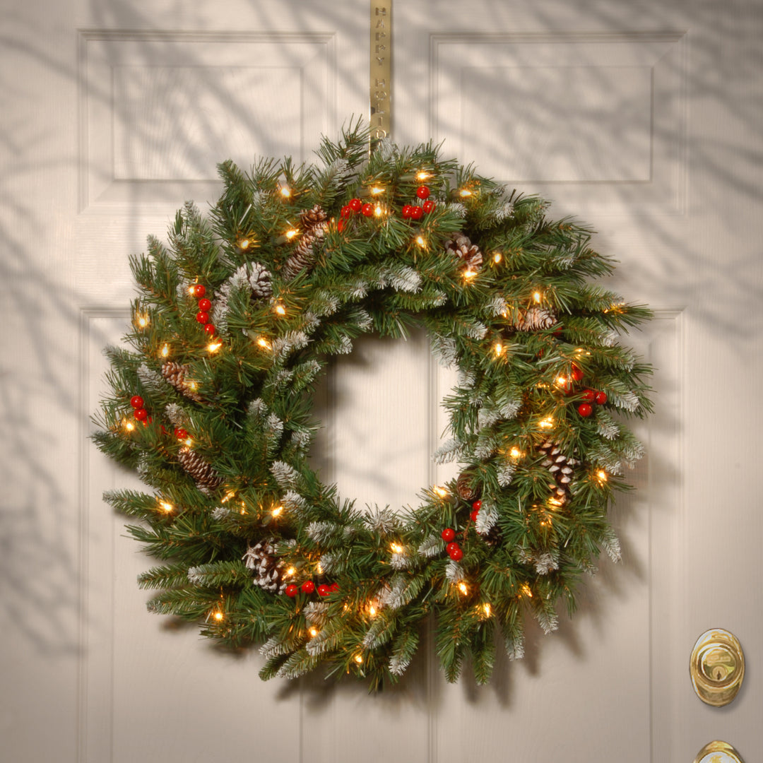 National Tree Company Pre-Lit Artificial Christmas Wreath, Green, Frosted Berry, White Lights, Decorated with Pine Cones, Berry Clusters, Frosted Branches, Christmas Collection, 30 Inches