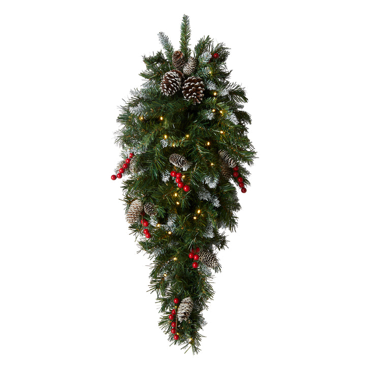 Pre-Lit Artificial Christmas Teardrop, Green, Frosted Berry, White Lights, Decorated with Pine Cones, Berry Clusters, Frosted Branches, Christmas Collection, 36 Inches