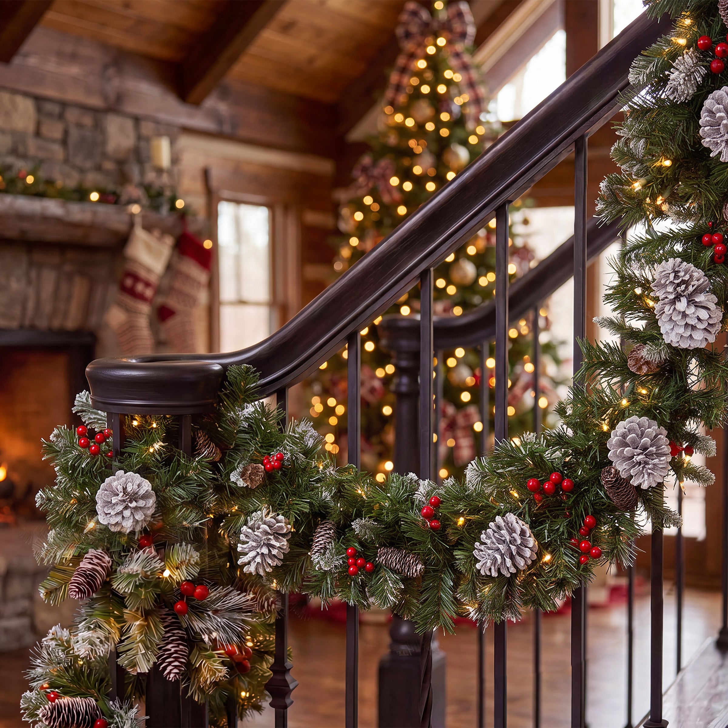 9 ft. Pre-Lit Frosted Berry Garland with Pine Cones, Red Berries