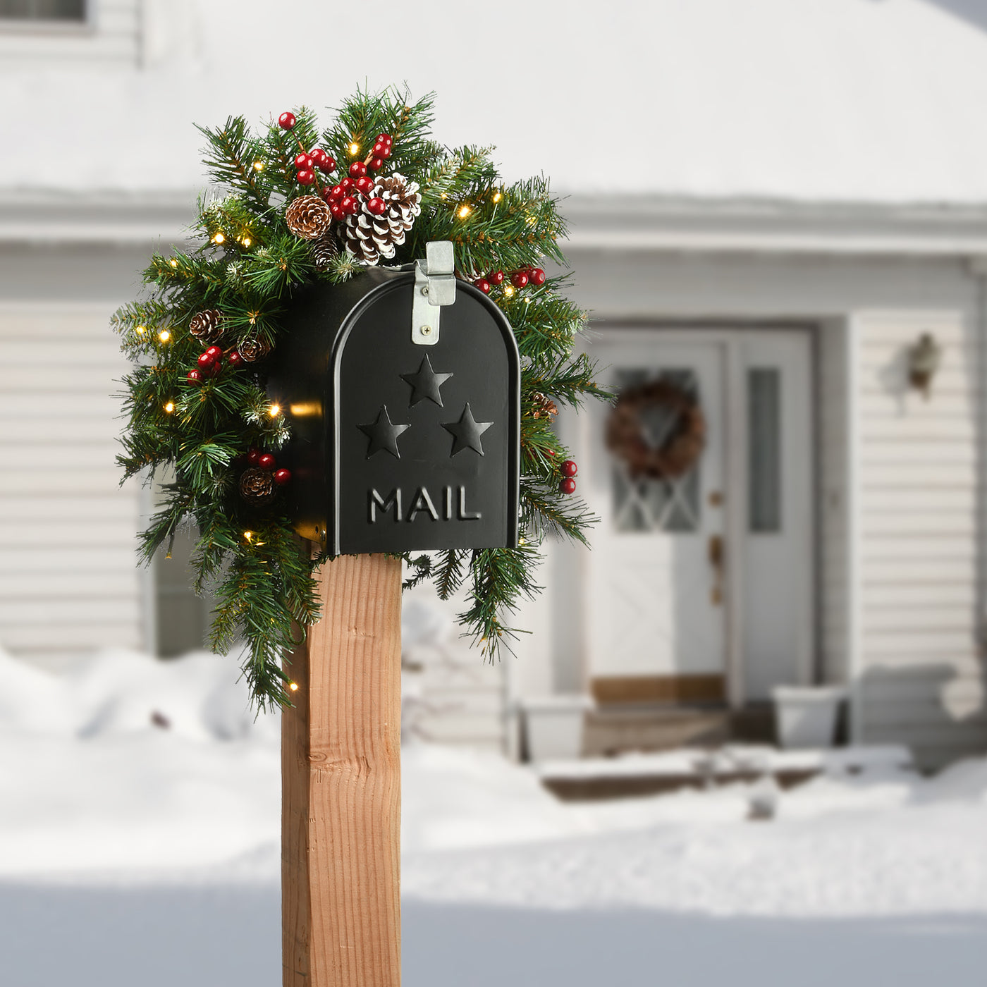 36 in. Pre-Lit Frosted Berry Mailbox Swag with LED Lights - National Tree Company