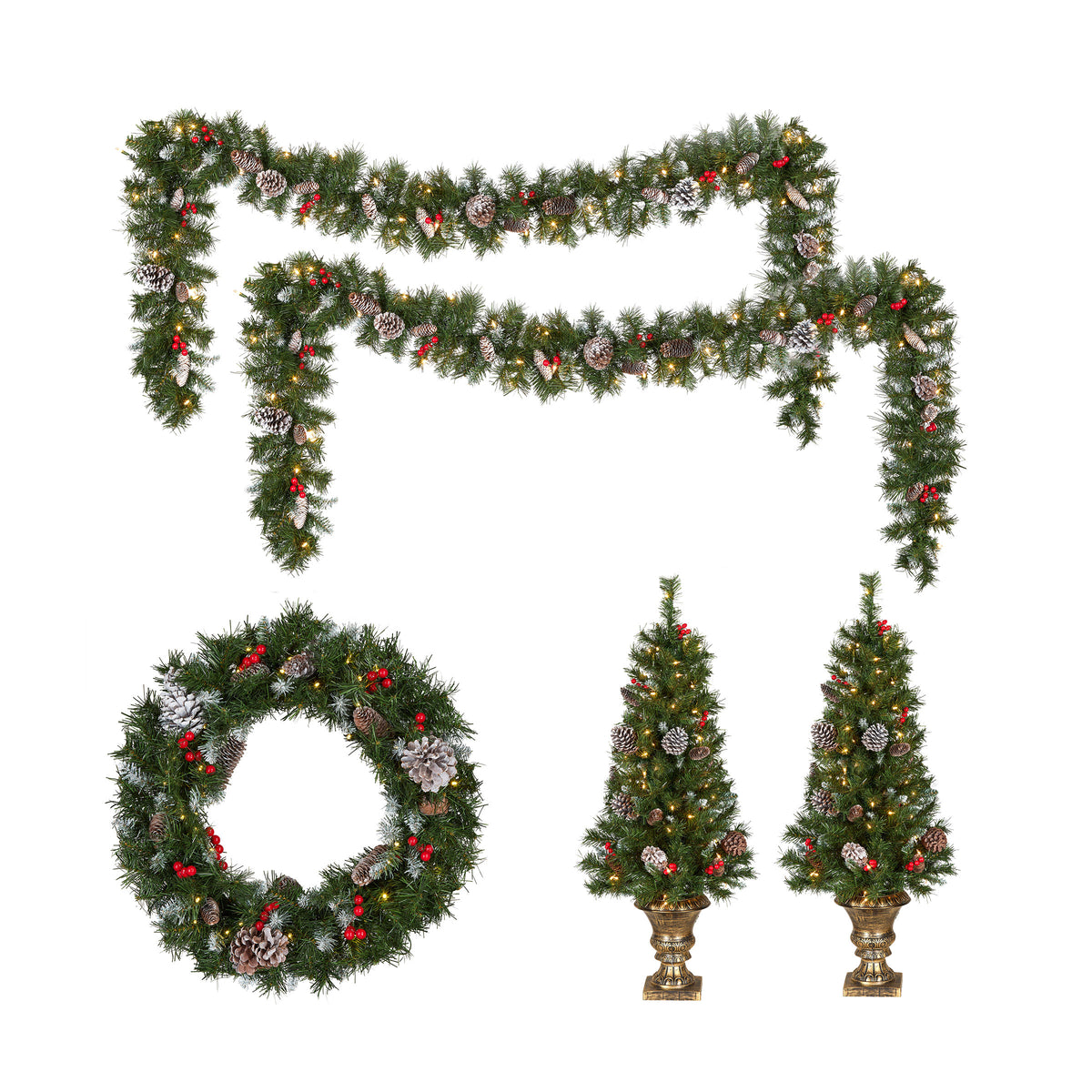 Pre-Lit Frosted Berry Assortment with 2 4ft. Entrance Trees, 1 24 in. Wreath, 2 9 ft. Garland - National Tree Company