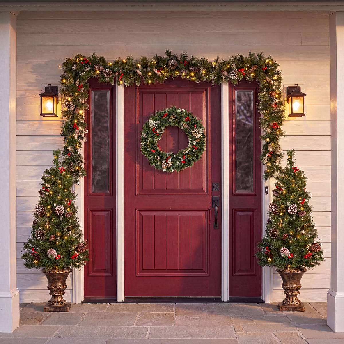 Pre-Lit Frosted Berry Assortment with 2 4ft. Entrance Trees, 1 24 in. Wreath, 2 9 ft. Garland - National Tree Company
