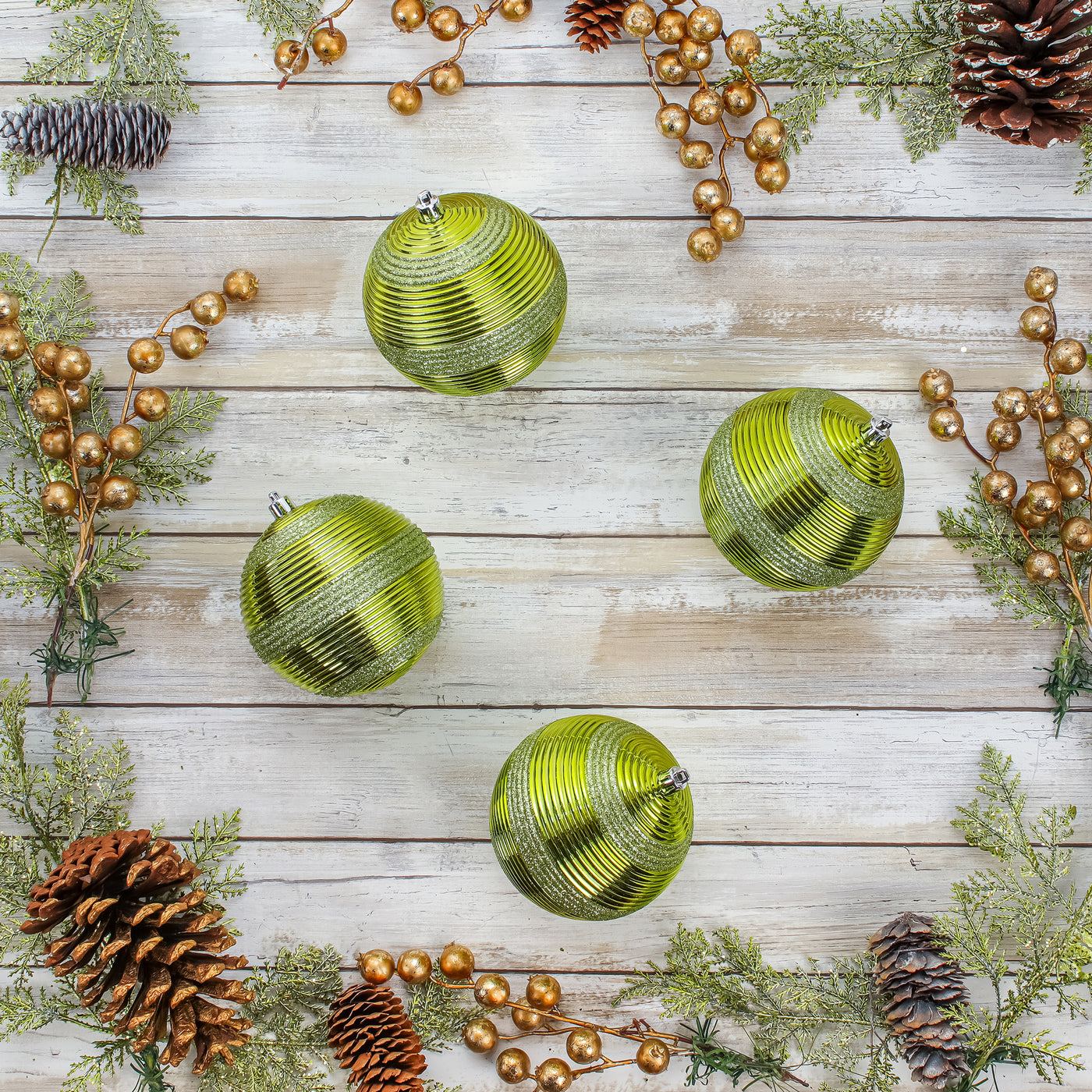 First Traditions 4 Piece Shatterproof Swirling Lime Green Ornaments - National Tree Company