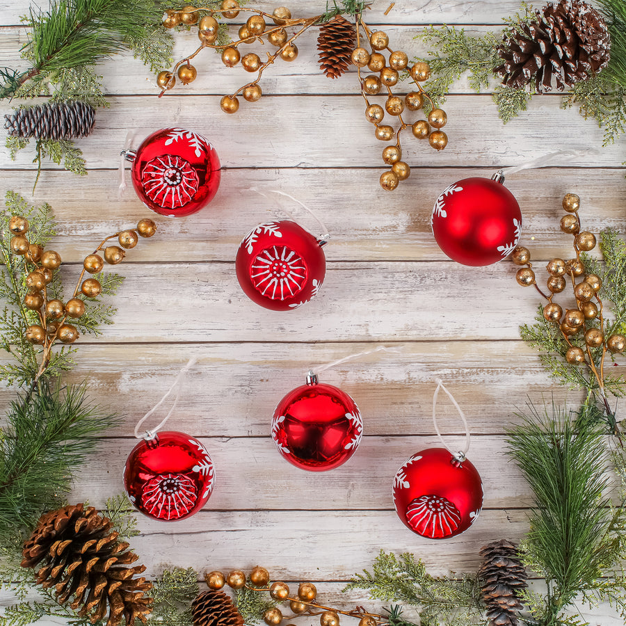 6-Piece Shatterproof Snowflake Red Ornaments