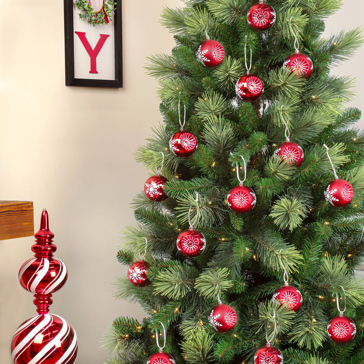 3 in. Red Christmas Ball Shatterproof Snowflake Bauble Ornament Set - National Tree Company