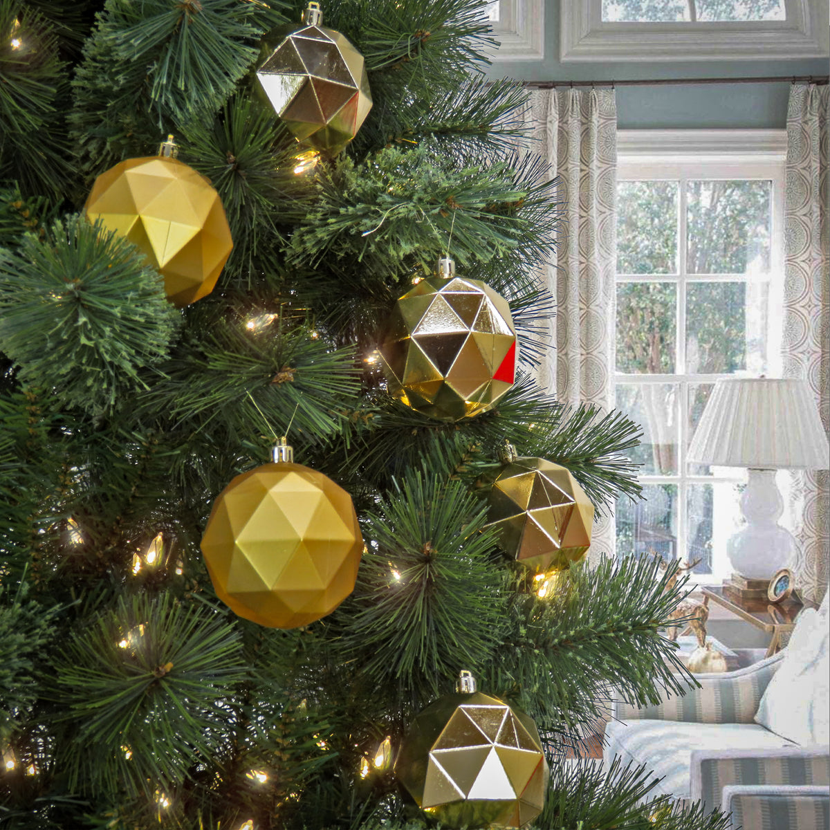 3 in. Gold Christmas Ball Shatterproof Geometric Bauble Ornament Set - National Tree Company