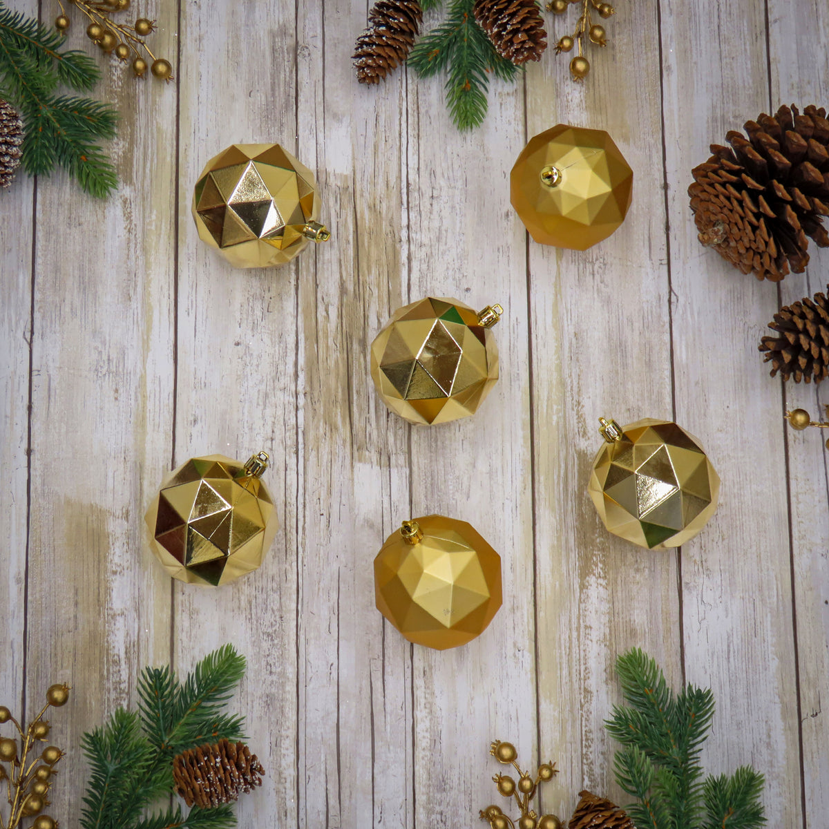 3 in. Gold Christmas Ball Shatterproof Geometric Bauble Ornament Set - National Tree Company