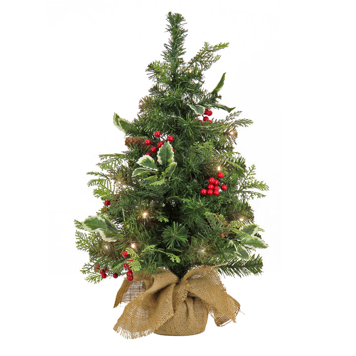 First Traditions Pre-Lit Mini Christmas Tree with Holly Leaves, Red Berries and Pinecones, Warm White LED Lights, Battery Operated, 24 in