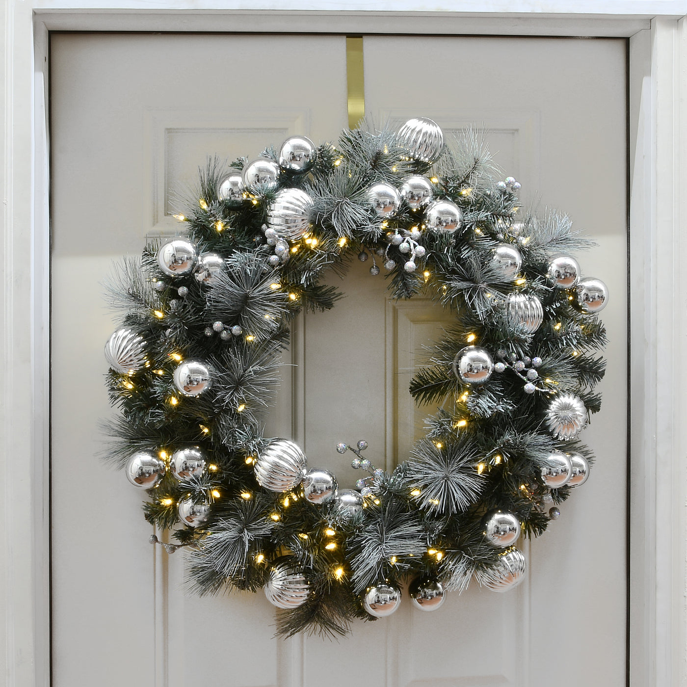 30 in. Pre-Lit Frosted Silver Pine Wreath with LED Lights - National Tree Company